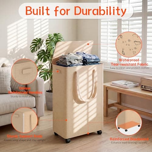 Slim Laundry Hamper with Wheels,15 Gal (55L) Rolling Laundry Basket with lid and wheels Clothes Hamper Foldable Tall Dirty Clothes Basket Sturdy Collapsible Clothes Hamper for Dorm,Laundry Room - Thumbnail 3