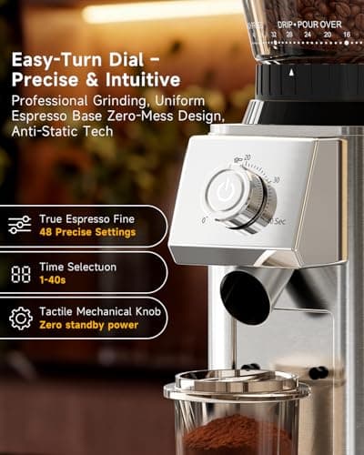 IAGREEA Conical Burr Coffee Grinder for Espresso, 48 Adjustable Precise Timed Grind Settings Electric Coffee Bean Grinder, Anti-Static Stainless Steel One Touch Grinder with Portafilter Holder - Thumbnail 5
