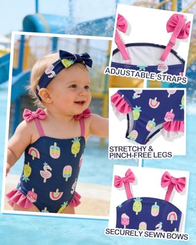 DivingBirds Baby Girl Swimsuit with Sun Hat & Headband Set, Infant One Piece Bathing Suit Newborn Summer Beach Gift,Black Ice Cream,3-6 Months - Thumbnail 2