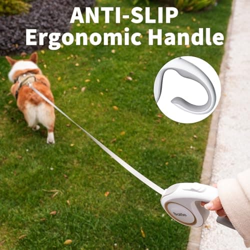 360° Tangle-Free Retractable Dog Leash 16 ft Heavy Duty Reflective Nylon Tape for Small to Medium Dogs Up to 60lbs,Soft Grip, Lock(Medium, White) - Thumbnail 5
