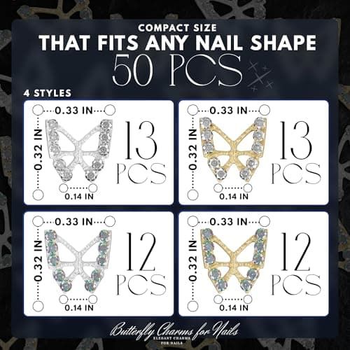 50 Pcs Silver & Gold Butterfly Nail Charms - Butterfly Charms for Nails with Sparkling Rhinestones, Detailed 3D Shape, Lightweight Alloy Build - Long-Lasting Shine Accessories for Eye-Catching Looks - Thumbnail 2
