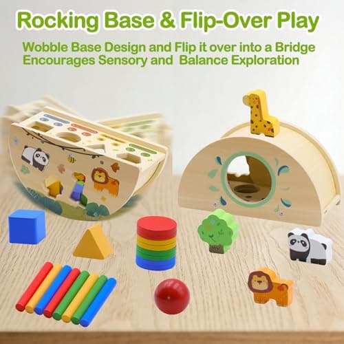 Humerry Montessori Busy Box for Toddlers 1-3, Wooden Object Permanence Coin Box with Shape Sorter & Animal Matching, Sensory Fine Motor Learning Toy with Wobble Base, Gift for 1 2 3 Year Old - Thumbnail 4