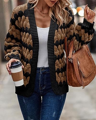 KIRUNDO Women's Cable Knit Sweater Cardigan Open Front Chunky Fall Long Sleeve Color Block Stripe Casual Soft Cardigan Sweater Fall Clothes 2026(Camel, Large) - Thumbnail 5