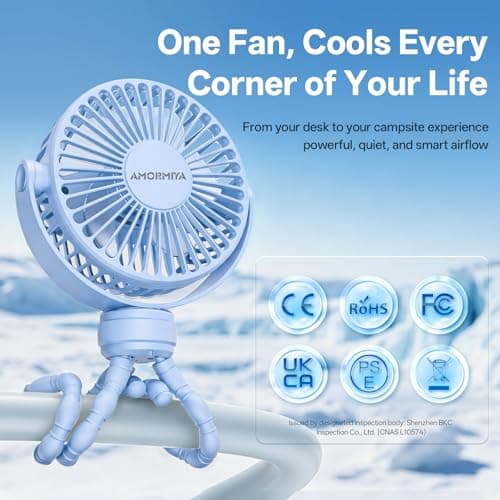 AMORMIYA Portable Battery Powered Stroller Fan with Flexible Tripod, Blue - Thumbnail 2