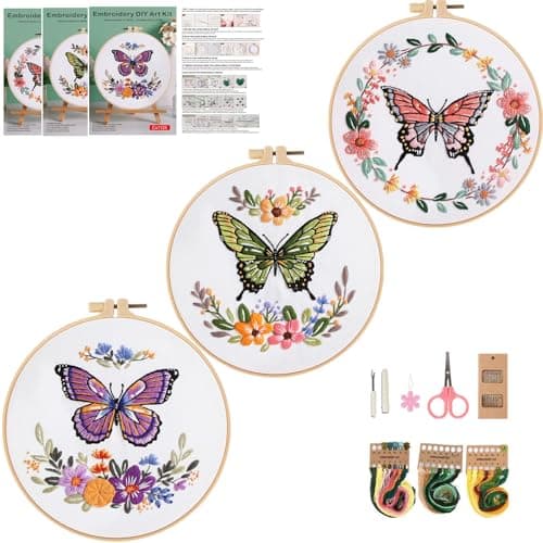 Mozzyyee 3 Sets Embroidery Starter Kit for Beginners Adults Include 3 Embroidery Clothes with Instructions Hoops Floss Thread Fabric Needles (Butterfly)