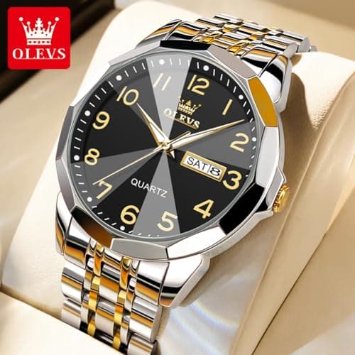 OLEVS Luxury Watch for Men - Black Arabic Numeral Dial with Gold and Silver Stainless Steel Band - Date and Day Function - Reloj para Hombre - Thumbnail 2