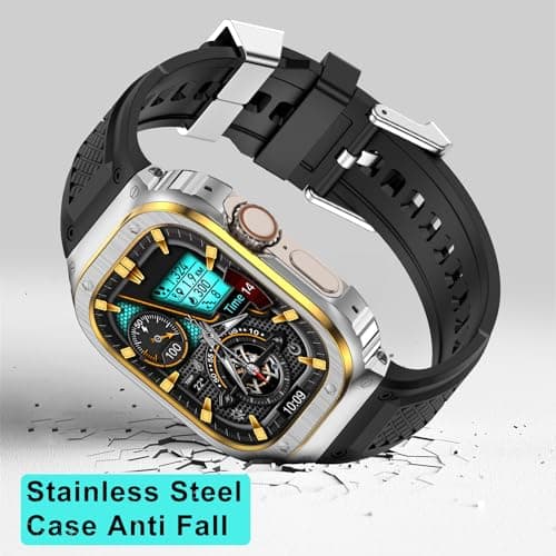 Deczone Band with Stainless Steel Case Compatible with Apple Watch Series Ultra 1 2 3 49mm Band, iwatch Bands Rugged Metal Protective Cover for Men (Silver Gold) - Thumbnail 3