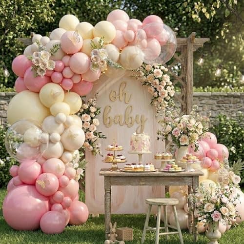NUTTYBASH Pink and Yellow Balloon Arch Garland Kit 126Pcs Pastel Light Pink Sand White Balloons for Birthday Baby Shower Bridal Shower Wedding Bee Bear Party Decorations - Thumbnail 2
