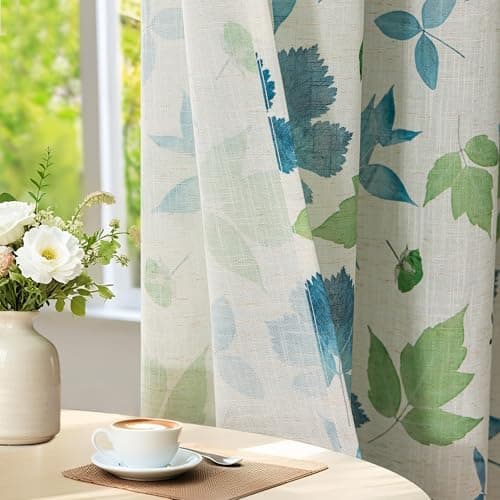 Blue Country Curtains 63 Inches Long for Living Room Light Filtering- 2 Panel Floral Leaves Patterned Semi Sheer Curtains for Farmhouse Bedroom Dining Room, 52 x 63 inch, Green and Light Blue Printed - Thumbnail 3