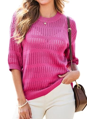 Dokotoo Short Sleeve Sweater for Women Striped Knit Half Sleeve Summer Tops for Women 2026 Vacation Outfits for Women Rose Red Large - Image 1