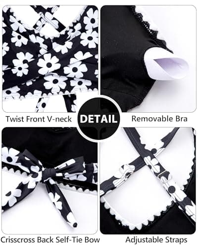 HOZIY Kids Swimsuits Size 16-18 Girls Bathing Suits Two Piece Bikini Sets Teen Crisscross Contrast Trim Swimming Suits Teenage Black Floral Swimwear - Thumbnail 5