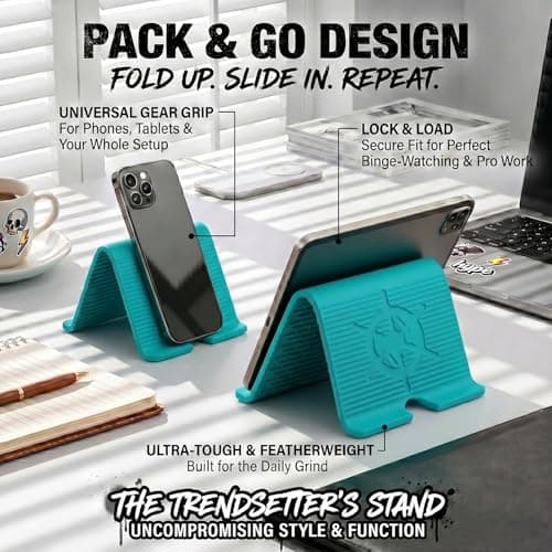 Adjustable Foldable Silicone Phone Stand 2-Pack, Cyan Blue, with Charging Port, Non-Slip Desk Holder for iPhone, Samsung, Tablets - Thumbnail 5