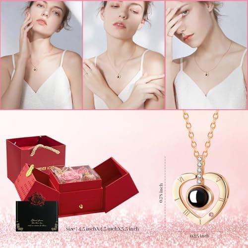 Tyvouflo Preserved Roses Forever Flowers with Heart in 100 Languages Mom Necklace Birthday Gifts for Her Wife Girlfriend Grandma on Valentines Christmas Anniversary Romantic-Pink - Thumbnail 6