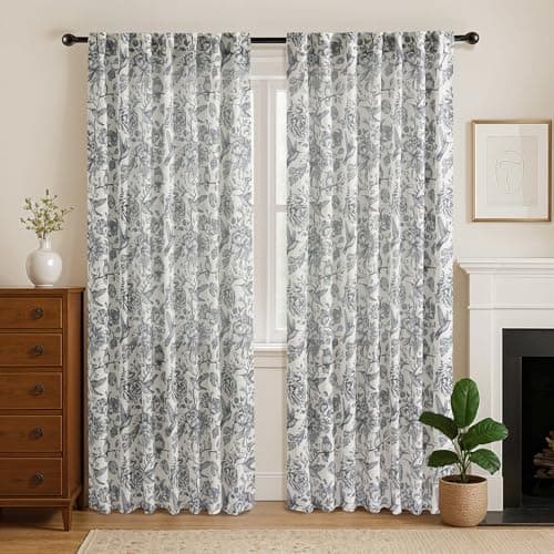 Uqocnh Linen Floral Curtains 96 Inch Length 2 Panels, Flower Light Filtering Black Printed Curtains for Living Room Bedroom, Semi Sheer Curtain Set Print Floral Drapes, 2 Panels