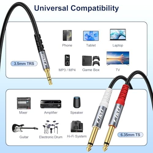 J&D 1/8 to 1/4 Stereo Cable, 3.5mm TRS to Dual 6.35mm TS Mono Y-Splitter Adapter Nylon Braid Jack Breakout Cord for Smartphone, CD Player, Speakers and Home Systems Amplifier, 3.3 Feet, Grey - Thumbnail 5