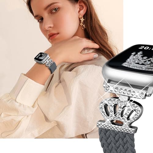 Chinber Braided Band Compatible with Apple Watch Bands 40mm 38mm 41mm 42mm 44mm 45mm 46mm 49mm,Magnetic Soft Nylon Stretchy Strap with Designer Bling Crown Strap for Series 10/9/8/7/6/5/4/3/2/SE/Ultra - Thumbnail 2