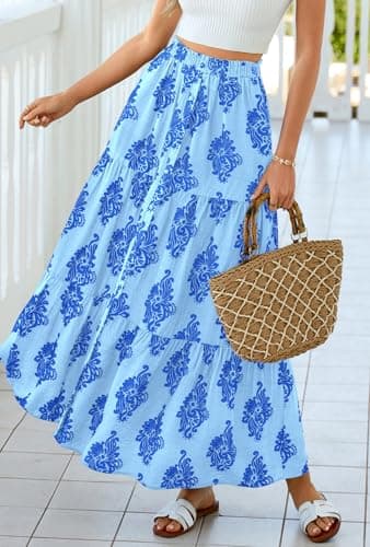 BTFBM Maxi Skirts for Women Summer Outfits Elastic High Waist A Line Boho Beach Vacation Cruise Floral Long Skirt 2026(Light Blue Blue Flower, Medium) - Thumbnail 6