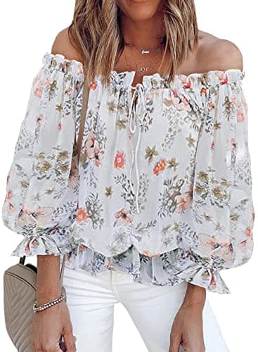 BLENCOT Summer Off The Shoulder Tops for Women Floral 3/4 Ruffle Sleeve T Shirts White S - Image 1