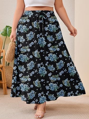 AusLook Plus Size Maxi Skirt for Women High Waisted Elastic Waist Flowy A Line Long Black Blue Lily Bouquet 4X Skirt with Pockets Casual Summer Beach Vacation - Thumbnail 3