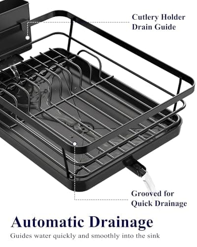 Kitsure Dish Drying Rack for Kitchen Counter, Stainless Steel Sink Organization and Storage Essentials with Cutlery Holder, Home and Appartment Decor, 12''W x 15.5''L, Black - Thumbnail 3