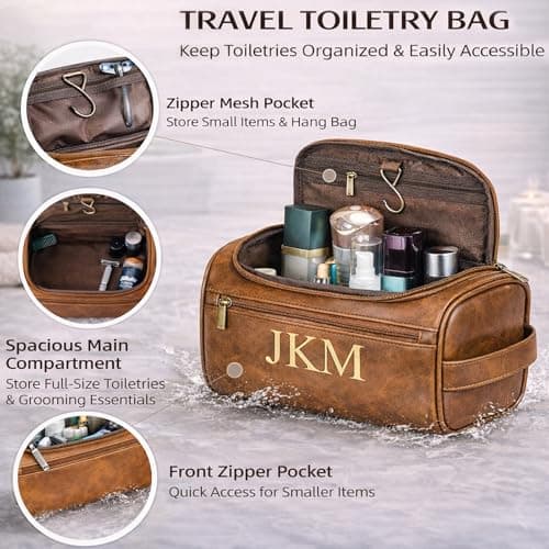 Xpanrous Personalized Toiletry Bag for Men, Engraved Name Initials Toiletry Bag, Customized Monogram Travel Shaving Dopp Kit for Groomsmen, Gift for Christmas, Birthday, Dad, Husband (Dark Coffee) - Thumbnail 6