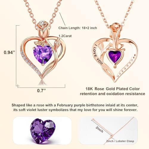 JACUPO Heart Birthstone Rose Gold Necklace for Women(Rose Gold-02-Amethyst) - Thumbnail 2