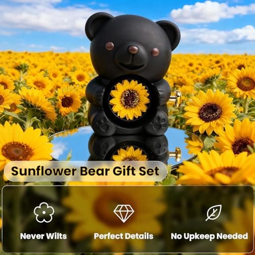 mountova Gift for Her Lucky Bear with Sunflower, Sunflower in Elegant Gift Box with Necklace for Women, Bear Gifts for Mother's Day Valentine's Day Anniversary Weddings Birthday,Christmas, Black - Thumbnail 3