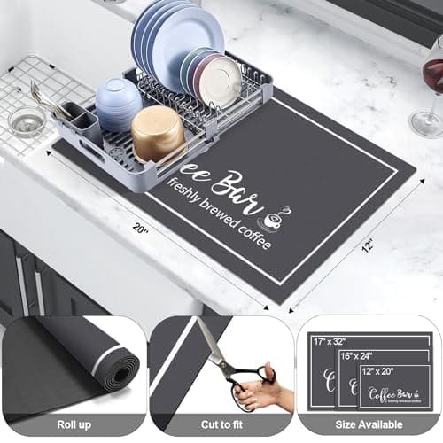 Findosom Dish Drying Mat, 12"x 20" Super Absorbent & Hide Stain Coffee Mat, Cuttable Drying Mat for Kitchen Counter, Coffee Bar Accessories, Under Dish Rack, Coffee Maker, Espresso Machine, DarkGrey - Thumbnail 2