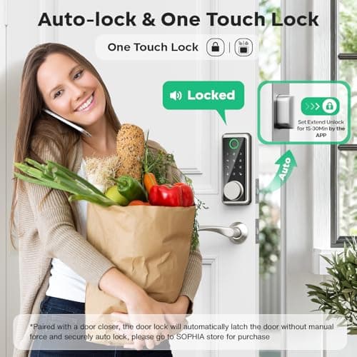 Sophia Keyless Entry Door Lock, Smart Auto Locks for Front Door & Key Fobs & Remote Control, Keypad Deadbolt Digital, Fingerprint Door Lock with Code, Cerraduras Inteligentes, IP68, Satin Nickel - Thumbnail 6