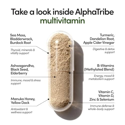 Alpha Tribe Multivitamin for Men with Seamoss Black Seed Oil Ashwagandha Burdock Root, Turmeric Bladderwrack, Vitamin C, Elderberry, Manuka, Yellow Dock | Daily Men's Vitamins and Minerals Supplement - Thumbnail 4