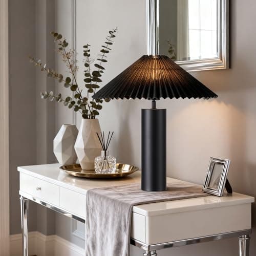 YJSQOEOE Modern Table Lamp with Pleated Lampshade and Cylindrical Base, E26 Bulb Compatible, Contemporary Accent Light for Living Room, Bedroom, Office (Black) - Thumbnail 6