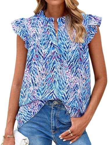 PRETTYGARDEN Women Button Down Boho Shirts Floral Ruffle Cap Sleeve Mock Neck Flowy Casual Summer Blouses Tops (Floral Pink Blue, Large) - Image 1