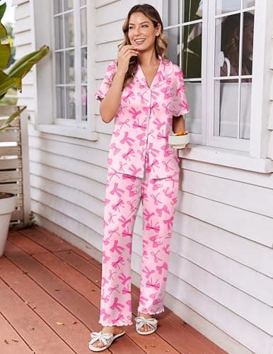 Ekouaer Womens Pajama Sets Ruffle Sleeve Printed PJs 2 Piece Button Down Sleepwear Comfy Loungewear with Pockets Bow Print L - Thumbnail 4