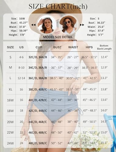 Arolina Ladies 2 Piece Swimsuits Twist Front V Neck Bathing Suits High Waist Push up Bikini Swimwear Stripes Blue Small - Thumbnail 6