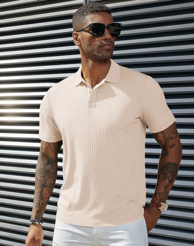 PJ PAUL JONES Polo Shirts for Men Mens Lightweight Slim Fit Pullover Polo T Shirts for Bowling Apricot L - Thumbnail 3