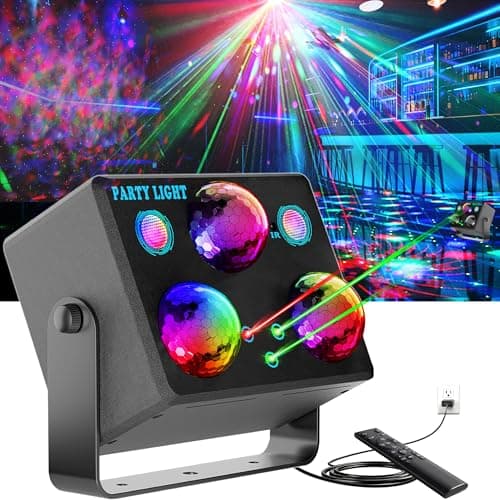 6-in-1 Disco Ball Party Lights with Sound Activation & Remote Control: Multi-Effect Lighting with Star Projector, Ocean Wave and LED Strobe for Home, Christmas, Birthday, Wedding, Bar and Club