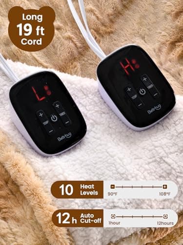 Bearhug Electric Blanket Queen Size 84" x 90", Dual Controller Heated Blanket, Faux Fur & Sherpa, 10-Heat Levels & 1-12H Auto Off, Over-Heat Protect, ETL, Machine Washable - Thumbnail 3
