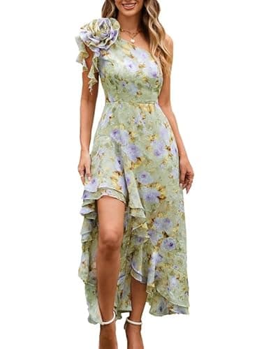 GRACE KARIN Womens One Shoulder Sleeveless Dress Summer Floral Flowy Ruffle High Low Sexy Wedding Guest Long Sundress 12 - Image 1