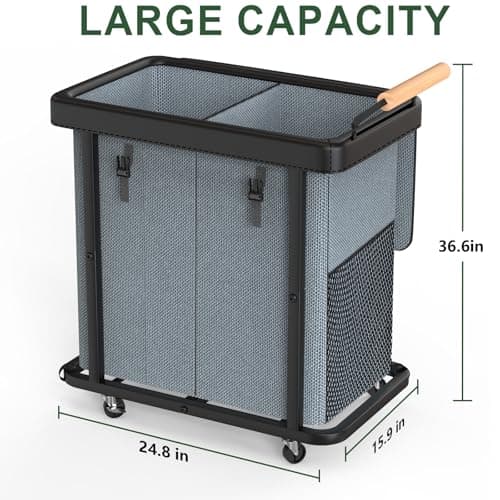 190L (50 Gal) Extra Large Fashion Laundry Hamper 2 Section with Lid, Rolling Laundry Basket Hamper with Handle, Laundry Organizer Storage Cart with Sturdy Metal Frame for Laundry Room,Hotel,Gray - Thumbnail 6