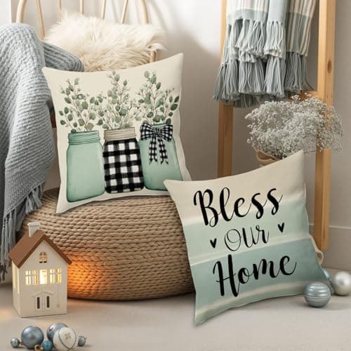 BBOLDIN Farmhouse Spring Throw Pillow Covers 18x18 Couch Cushion Covers, Rustic Country Buffalo Plaid Sofa Couch for Home Room Porch, Pastel Classic Flower Pillow Cases Decor Set of 4 - Thumbnail 5