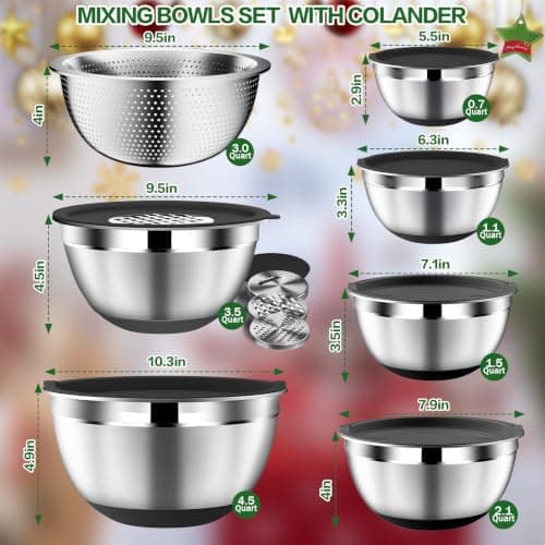 DUTZUN Mixing Bowls with Lids Set - 16pcs Stainless Steel Mixing Bowl Set with Colander, 3 Grater Attachments, Non-Slip Bottom, Metal Nesting Bowls with Strainer for Mixing & Serving - Black - Thumbnail 2