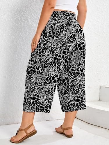 AusLook Plus Size Capri Wide Leg Pants for Women with Pockets High Waisted Elastic Drawstring Summer Casual Flowy Boho Vacation Beach Cropped Black White Flowers 5X Trousers - Thumbnail 5