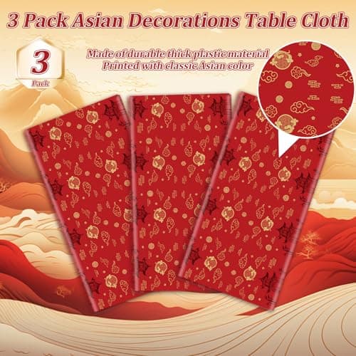 party greeting Hibachi Table Covers 3 Pack Japanese Disposable Plastic Tablecloth 54x108 Inch Chinese Decorations Cultural Tableware Spring Festival Plastic Table Cover for New Year Asian Party（Red） - Thumbnail 4
