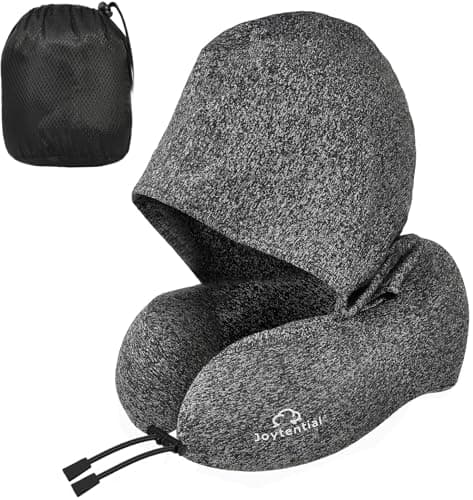 Joytential Travel Neck Pillow with Large Hood for Long Flights, Privacy Hooded Plane Pillow with Skin-Friendly Cover, Memory Foam, Travel Pillows for Road Trip, Airplane, Office Rest (Grey) - Image 1