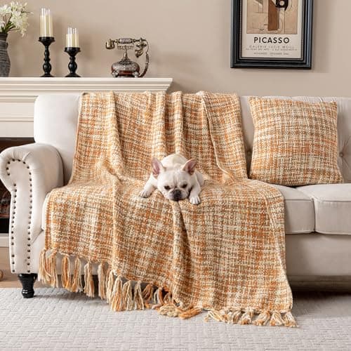 Feabuccy Soft Neon Color Knit Throw Blanket with Tassels, Cozy Boho Home Decro Throw for Sofa Couch Chair Bed, 50X60 Inch, Machine Washable, Orange Color Scheme - Thumbnail 4