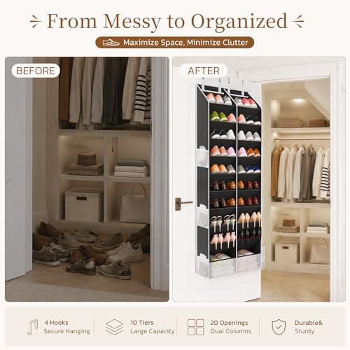 Criusia Over the Door Shoe Organizer, 20-30 Pairs Heavy-Duty Hanging Shoe Storage with Large Pockets, 10-Tier Door Shoe Rack with 4 Hooks for Sneakers Sandals Heels Boots (Black) - Thumbnail 2