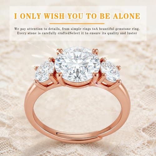 2 Carat Moissanite Engagement Ring for Women, 3-Stone D Color VVS1 Clarity Moissanite Wedding Ring, 14K Rose Gold Plated Adjustable Promise Ring, Hypoallergenic Anniversary Bridal Ring with Gift Box (36Rose Gold SIZE 4–7) - Thumbnail 6