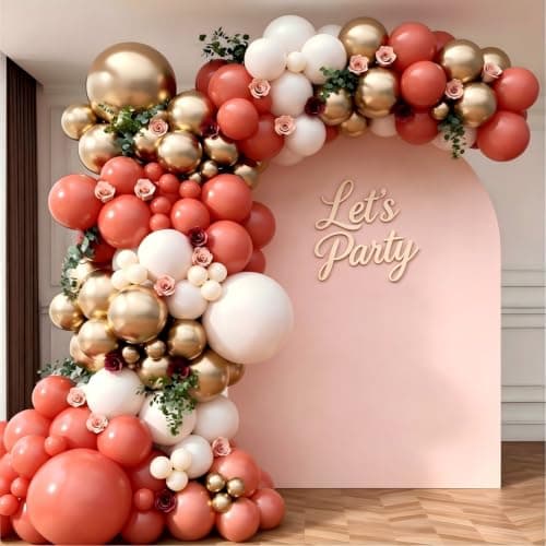 Coral Red Gold Balloon Garland Arch Kit, Coral Red Metallic Gold Latex Balloons for Wedding Anniversary Birthday Baby Shower Bridal Shower Party Decorations - Image 1