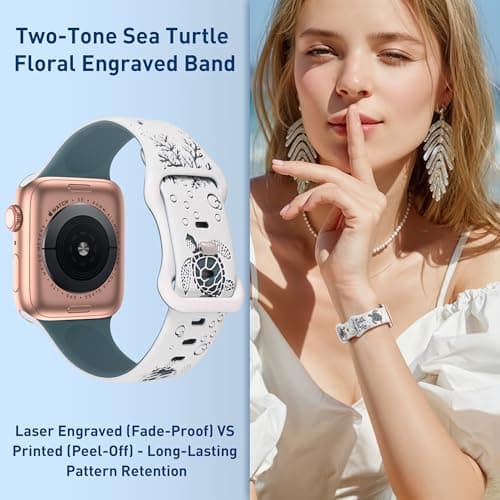 HMFCBFSS Engraved Cute Sea Turtle Band Compatible with Apple Watch Bands for Women Men 38mm 40mm 41mm 42mm, Stylish Two-Tone Floral Soft Silicone Sport Strap Fit iWatch Series 11 10 Se 9 8 7 6 5 4 3 2 1 (White/Green, 38mm/40mm/41mm/(42mm-Series 11 10) - Thumbnail 5