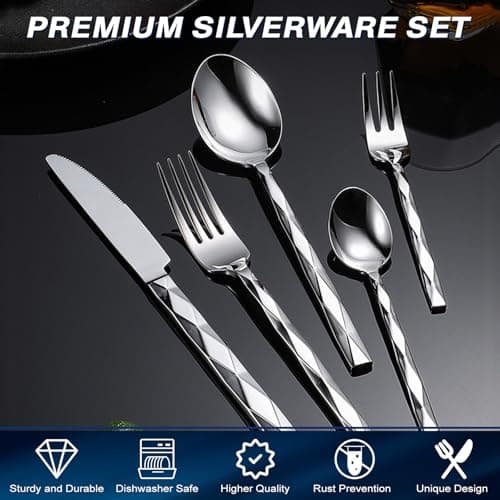 20-Piece Silverware Set, Premium Flatware Set for 4, 18/10 Stainless Steel Cutlery with Diamond Cut Pattern for Dinner, Kitchen, Home, Wedding, Party, Dishwasher Safe - Thumbnail 3